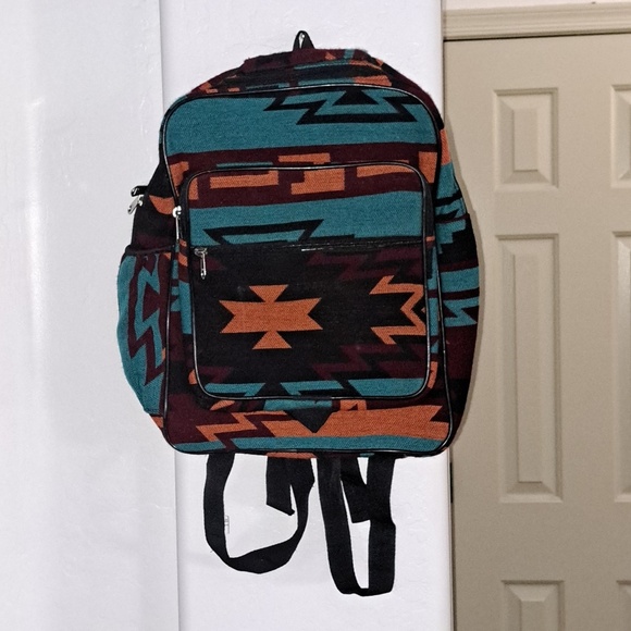 Tribal Patterned Backpack in Teal and Orange 100% Wool NWOT
